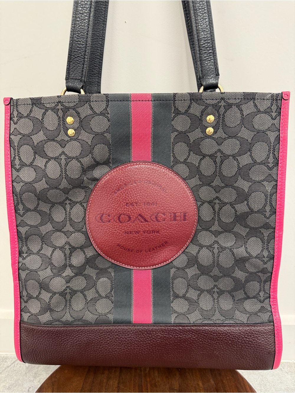 Coach Dempsey Tote 30 in Signature Jacquard w Varsity Stripe